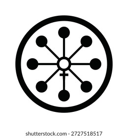 Einfache Schwarz-Weiß-Illustration eines Kreises mit sieben Punkten verbunden mit einem zentralen Kreis und einem Kreuz