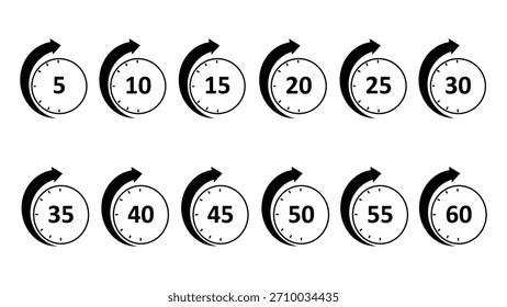 Ilustración simple en blanco y negro de temporizadores circulares que cuentan de cinco a sesenta minutos.