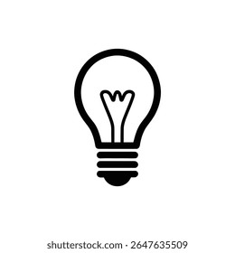 Simple black and white illustration of a classic light bulb icon. Clean clip art style, vector graphic with a bulb shape and filament symbol, isolated.