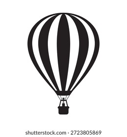 A simple black and white illustration of a classic striped hot air balloon