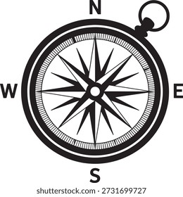 Ilustração simples em preto e branco de uma bússola clássica mostrando as quatro direções cardeais em um fundo branco simples.