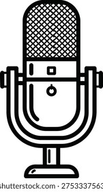 A simple black and white illustration of a classic microphone on a stand