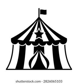 Simple black and white illustration of a classic circus big top tent featuring stripes, a star, and a flag. Perfect for event design and entertainment themes.