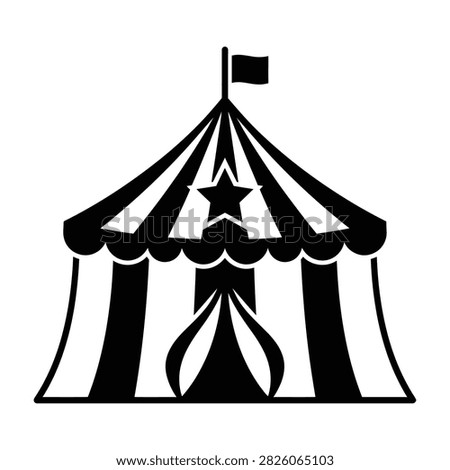 Simple black and white illustration of a classic circus big top tent featuring stripes, a star, and a flag. Perfect for event design and entertainment themes.