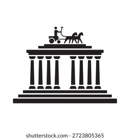 Uma simples ilustração em preto e branco de um edifício clássico com uma carruagem