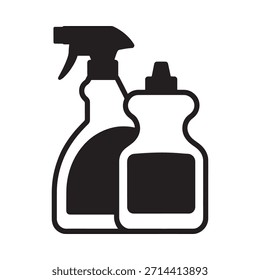 Ilustración simple en blanco y negro de spray de limpieza y contenedores de botellas