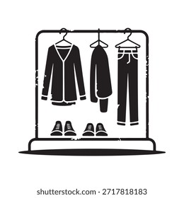 Una simple ilustración en blanco y negro de la ropa en un estante colgante
