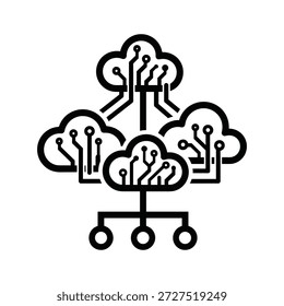 Ilustración simple en blanco y negro de un sistema de red de computación en la nube con placas de circuito