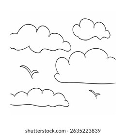 Simple black and white illustration of clouds and flying birds in the sky