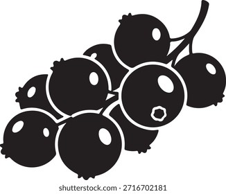 Eine einfache Schwarz-Weiß-Illustration einer Gruppe schwarzer Johannisbeeren auf einem Stamm