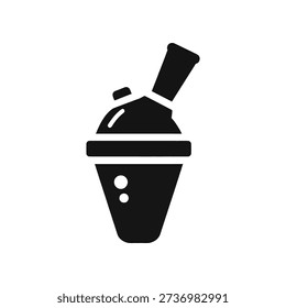 Simple black and white illustration of a cocktail shaker with a lid and strainer, symbolizing mixology and nightlife.