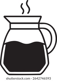 A simple, black and white illustration of a coffee pot or carafe with steam rising, indicating a hot beverage.