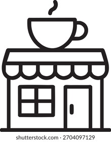 Ilustración en blanco y negro simple de una cafetería con una taza humeante encima