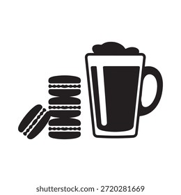 Uma simples ilustração em preto e branco de café e macarões