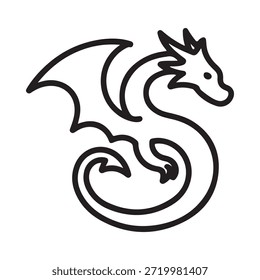 Ilustração simples em preto e branco de um dragão enrolado com asas estendidas