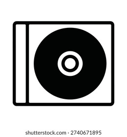 Simple black and white illustration of a compact disc and case