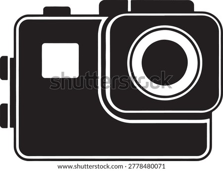Simple black and white illustration of a compact action camera ready for use