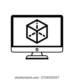 Einfache Schwarz-Weiß-Illustration eines Computerbildschirms mit einem 3D-Würfel