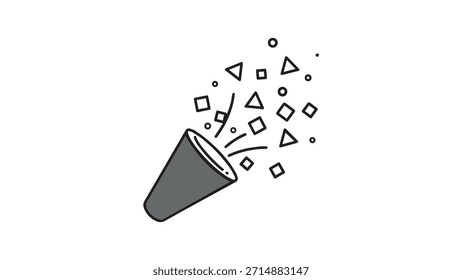 A simple black and white illustration of a confetti popper releasing various geometric shapes