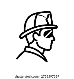 Simple black and white illustration of a construction worker wearing a hard hat, facing right, on a plain white background.