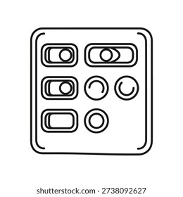 Simple black and white illustration of a control panel with buttons and switches, minimalist design.