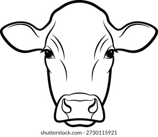 Una simple ilustración en blanco y negro de la cara de una vaca, con orejas Grandes y una nariz prominente.