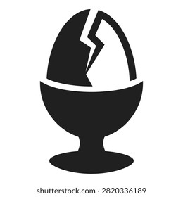 Simple black and white illustration of cracked egg in eggcup, symbol or icon
