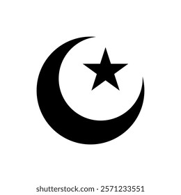 A simple black and white illustration of a crescent moon with a star, representing Islamic culture, religion, and spirituality.