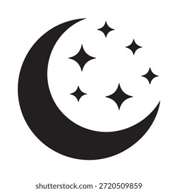 Ilustração simples em preto e branco de uma lua crescente com estrelas cintilantes