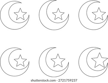 Ilustración simple en blanco y negro de lunas crecientes con estrellas dispuestas en filas