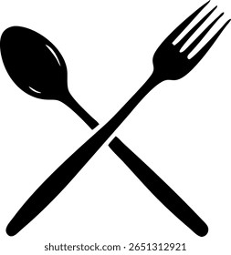Simple black and white illustration of crossed spoon and fork.