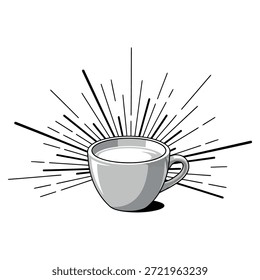 Una simple ilustración en blanco y negro de una taza con vapor subiendo, irradiando calor y una atmósfera acogedora.
