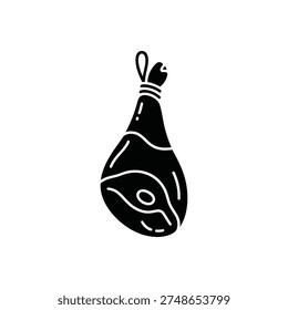 A simple black and white illustration of a cured ham or pork leg