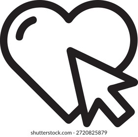 Simple ilustración en blanco y negro de un cursor haciendo clic en una forma de corazón que simboliza el amor y la interacción en línea.