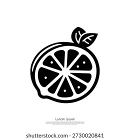 Uma simples ilustração em preto e branco de uma laranja cortada com uma folha