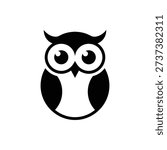 A simple black and white illustration of a cute cartoon owl face