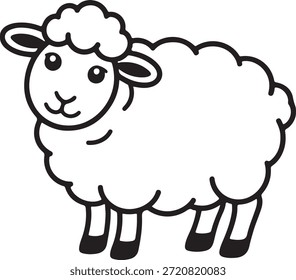 Simples ilustração em preto e branco de uma bonitinha ovelha de desenho animado com lã fofa sobre um fundo branco simbolizando inocência e charme pastoral.