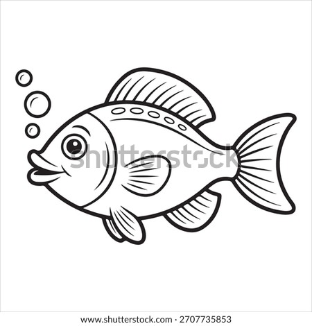 Simple black and white illustration of a cute cartoon fish with bubbles. Ideal for coloring pages or children's books.
