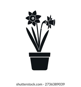 A simple black and white illustration of daffodil flowers in a pot, perfect for various design projects.