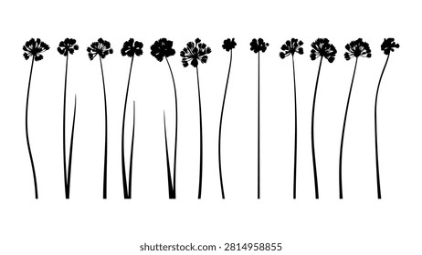 Simple black and white illustration of dandelion flowers with long stems and fluffy seed heads, emphasizing minimalistic design.