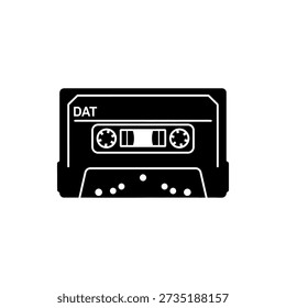 Simple black and white illustration of a DAT cassette tape, symbolizing digital recording technology and nostalgia for older media formats.