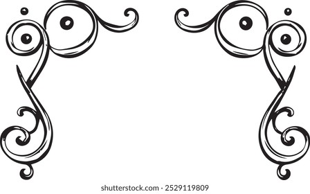 simple black and white illustration of a decorative frame with two symmetrical designs featuring spirals and swirls creating a visually appealing border.