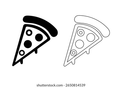 Simple black and white illustration of a delicious pizza slice with toppings
