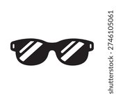 A simple black and white illustration depicting a pair of stylish sunglasses from a front view