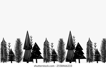 A simple black and white illustration depicting a stylized row of winter forest trees, suitable for a seasonal design.