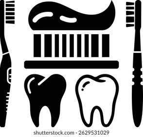 A simple black and white illustration depicting essential dental hygiene tools: two toothbrushes, a tube of toothpaste, and healthy and unhealthy teeth.