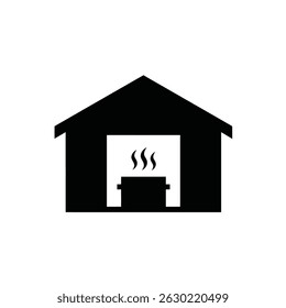 Ilustração simples em preto e branco representando um forno tradicional com processo de fumaça e aquecimento