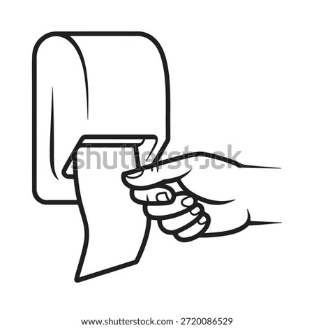 A simple black and white illustration depicting a hand pulling paper towels from a dispenser