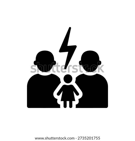 Simple black and white illustration depicting a family unit with a lightning bolt symbolizing conflict or tension between the parents and child.