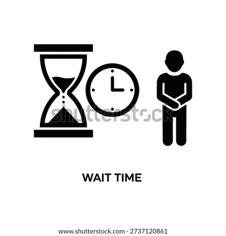 A simple black and white illustration depicting a man waiting with an hourglass and clock, symbolizing patience, time, and anticipation.